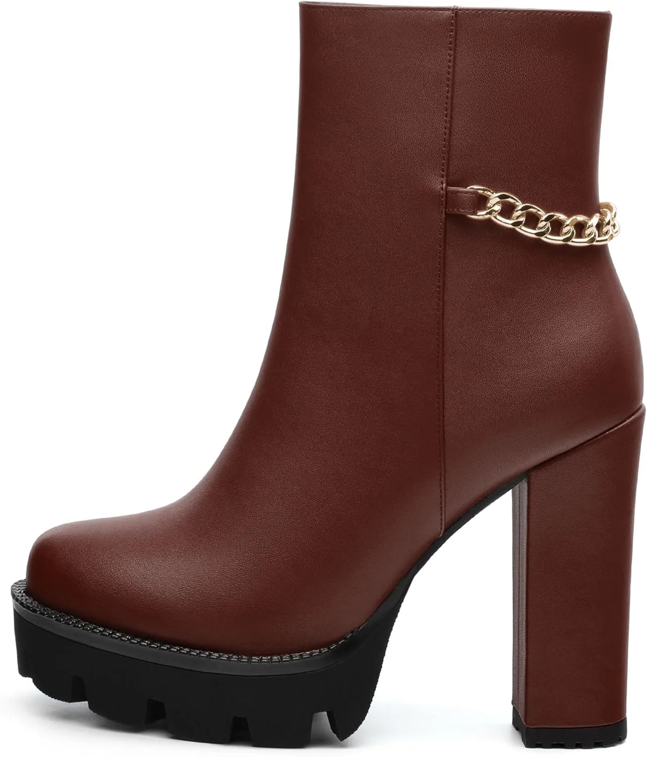 , Round Toe High Chunky Heel Platform Ankle Booties for Women, Block Heel Short Boots with Ankle Chain 4.7",Women Shoes for Workpalce, Street and Banquet.