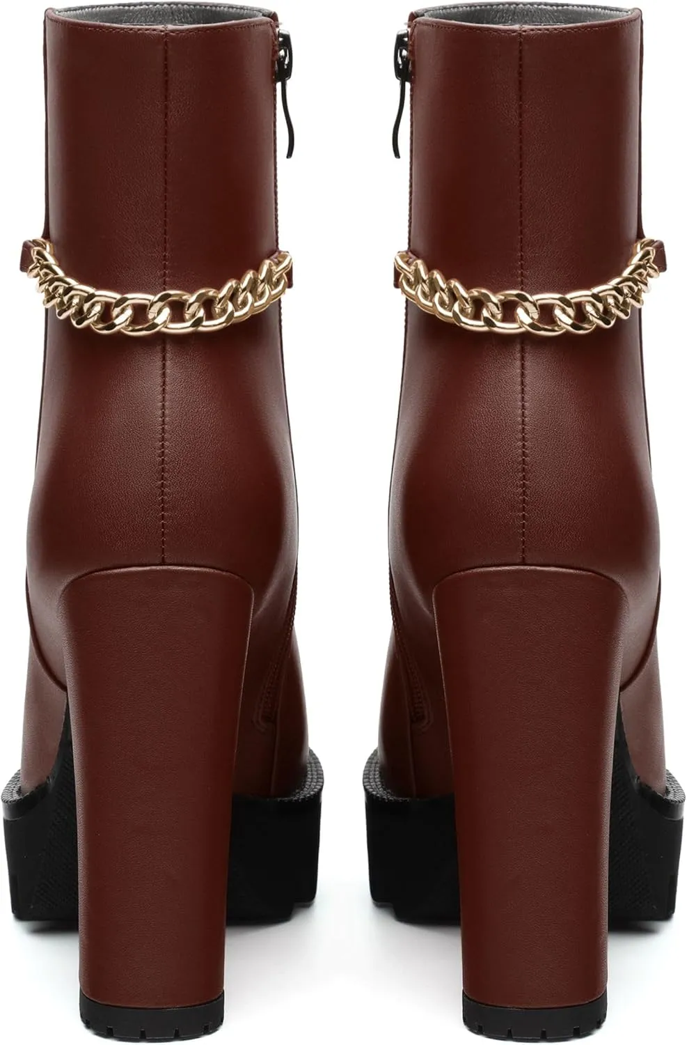, Round Toe High Chunky Heel Platform Ankle Booties for Women, Block Heel Short Boots with Ankle Chain 4.7",Women Shoes for Workpalce, Street and Banquet.