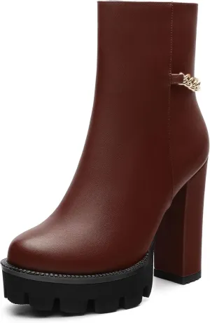 , Round Toe High Chunky Heel Platform Ankle Booties for Women, Block Heel Short Boots with Ankle Chain 4.7",Women Shoes for Workpalce, Street and Banquet.