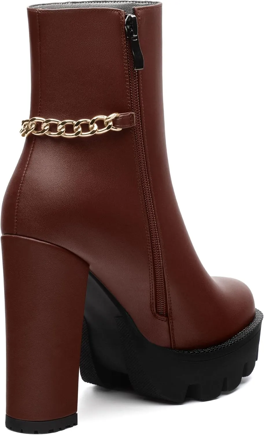 , Round Toe High Chunky Heel Platform Ankle Booties for Women, Block Heel Short Boots with Ankle Chain 4.7",Women Shoes for Workpalce, Street and Banquet.
