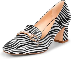 100FIXEO Women's Block Heel Loafers Square Toe Slip-on Pearl Chain Pumps Comfortable Office Shoes