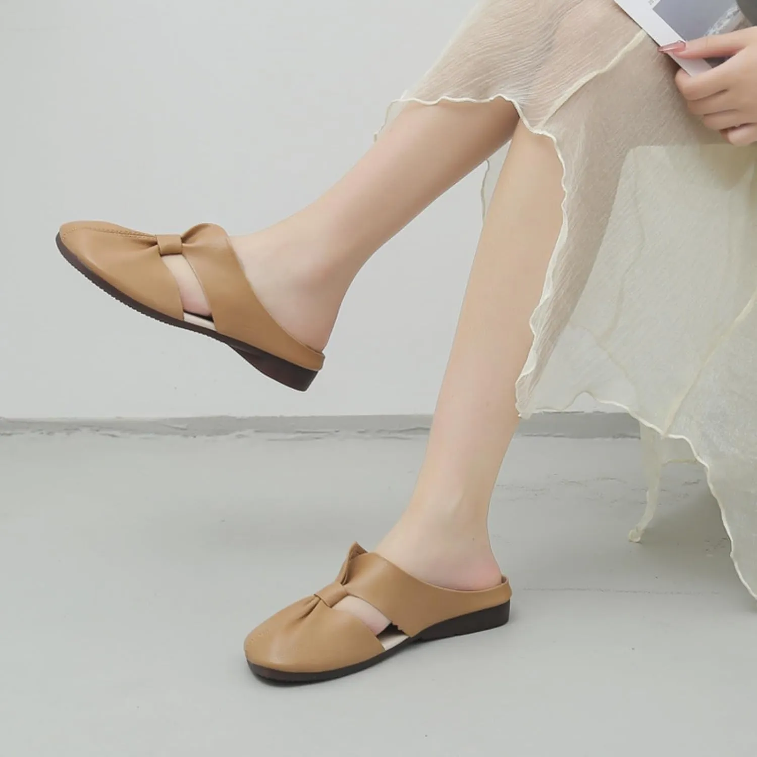 2025 Cut Out Design Flat Mules for Women,Women's Soft Sole Knot Mules,Lightweight Round Toe Backless Non-Slip Sandals