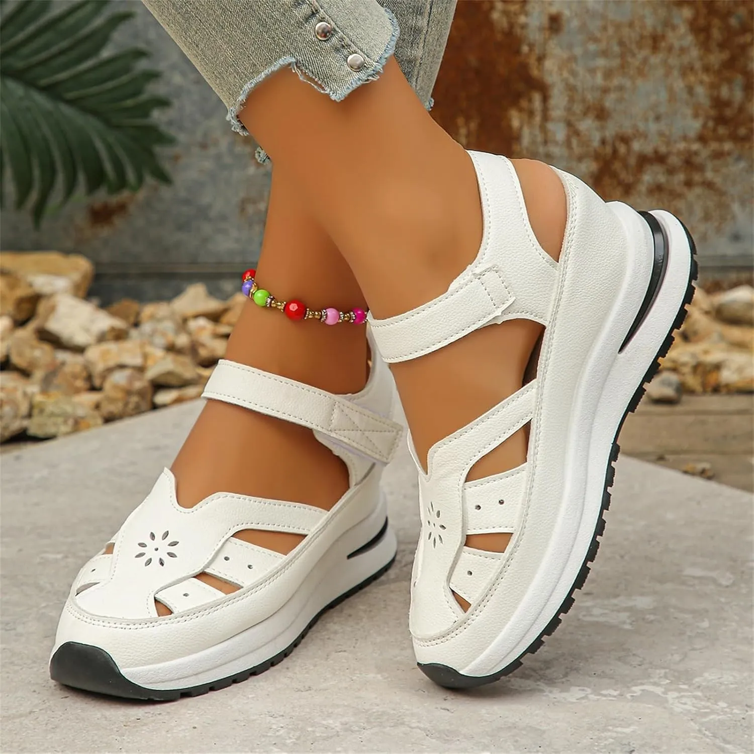 2025 New Women's Hollow Out Breathable Platform Wedge Sandals, Casual Stylish Roman Sandal, Stylish Leather Closed Toe Roman Shoes Adjustable Strap