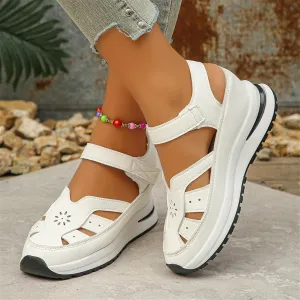 2025 New Women's Hollow Out Breathable Platform Wedge Sandals, Casual Stylish Roman Sandal, Stylish Leather Closed Toe Roman Shoes Adjustable Strap