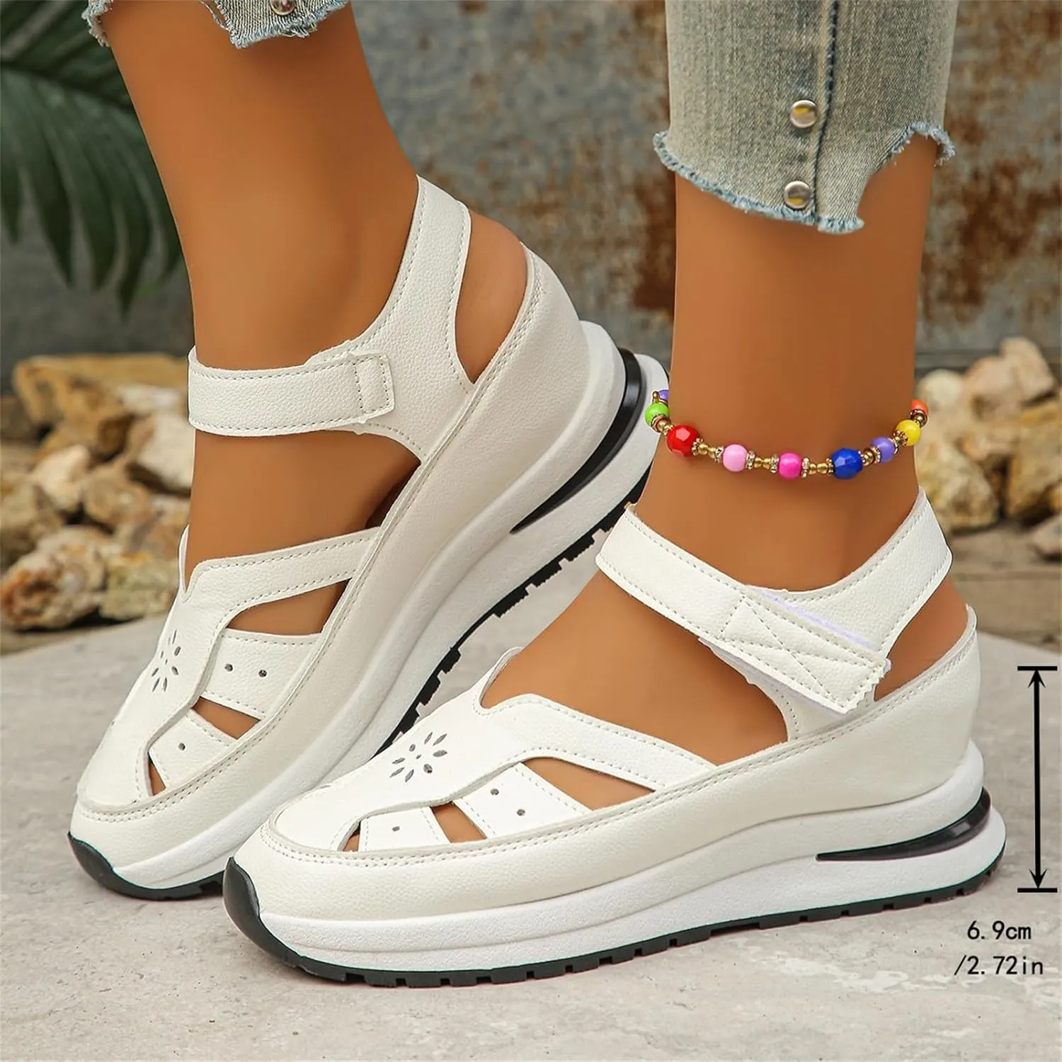 2025 New Women's Hollow Out Breathable Platform Wedge Sandals, Casual Stylish Roman Sandal, Stylish Leather Closed Toe Roman Shoes Adjustable Strap