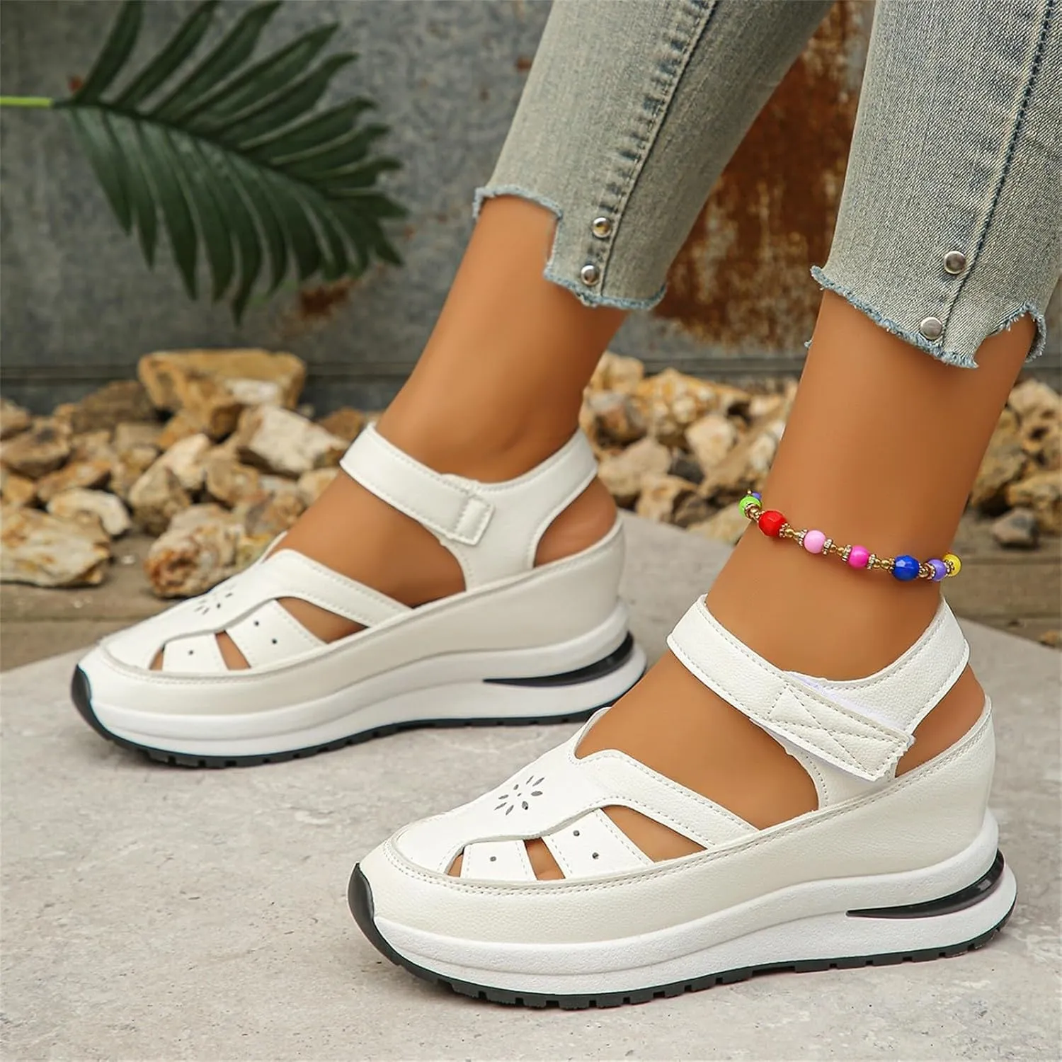 2025 New Women's Hollow Out Breathable Platform Wedge Sandals, Casual Stylish Roman Sandal, Stylish Leather Closed Toe Roman Shoes Adjustable Strap