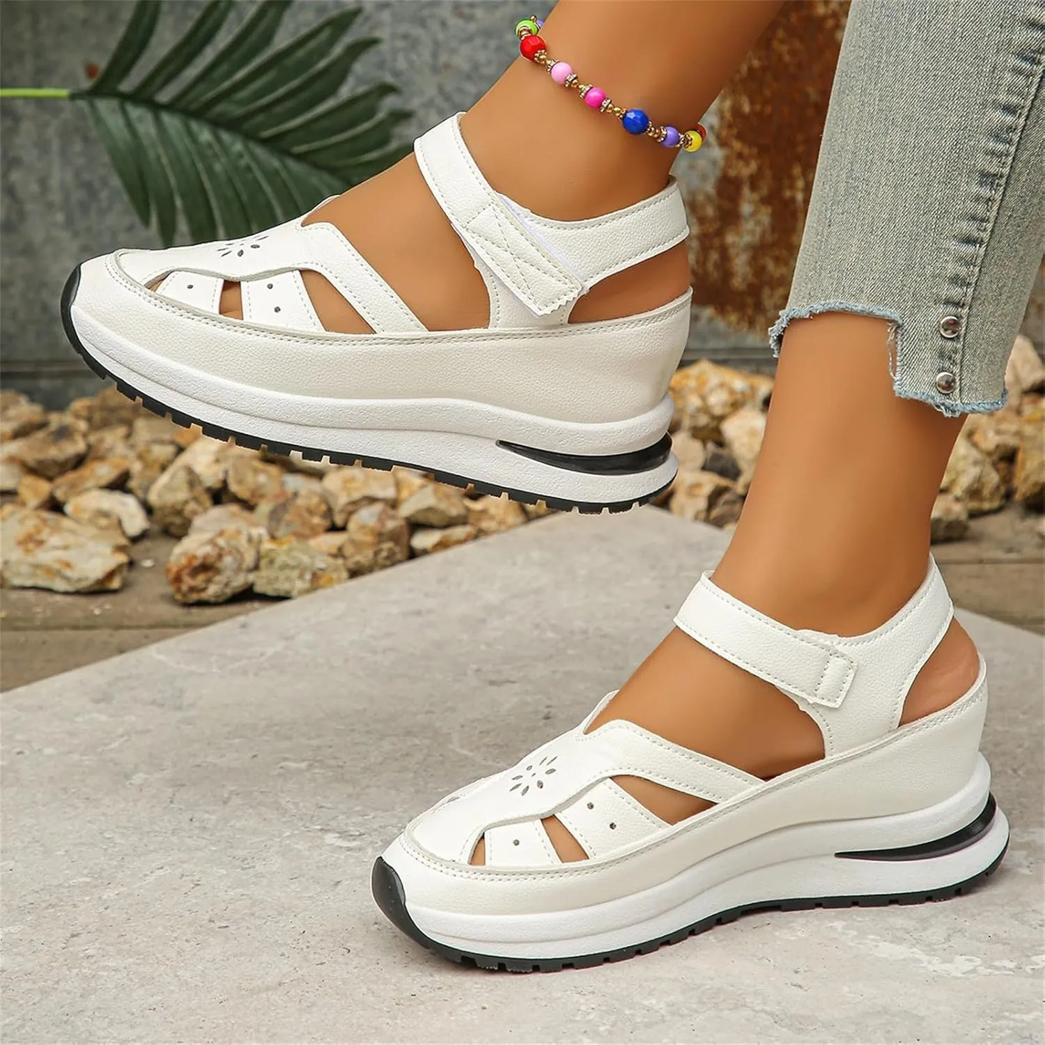 2025 New Women's Hollow Out Breathable Platform Wedge Sandals, Casual Stylish Roman Sandal, Stylish Leather Closed Toe Roman Shoes Adjustable Strap