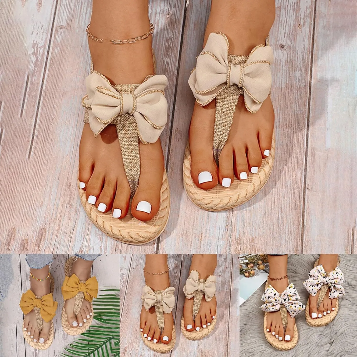 2025 Women's Comfy Espadrilles Flat Sandals Wide Width Clip Toe Slip On Bow T-Strap Slides Summer Comfortable Non-Slip Cushion Footbed Casual Beach Shoes for Daily Wear Outdoor Indoor