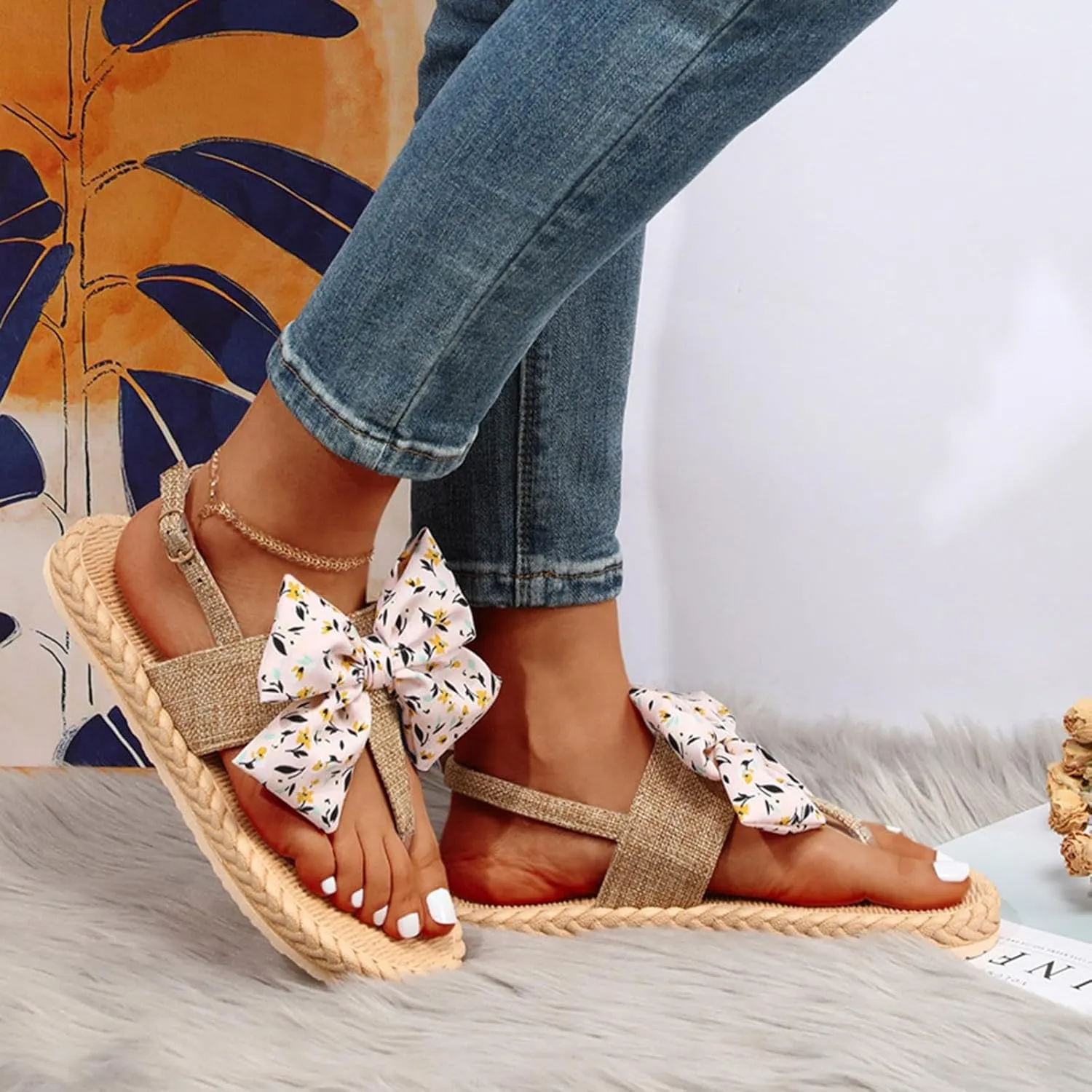 2025 Women's Comfy Espadrilles Flat Sandals Wide Width Clip Toe Slip On Bow T-Strap Slides Summer Comfortable Non-Slip Cushion Footbed Casual Beach Shoes for Daily Wear Outdoor Indoor