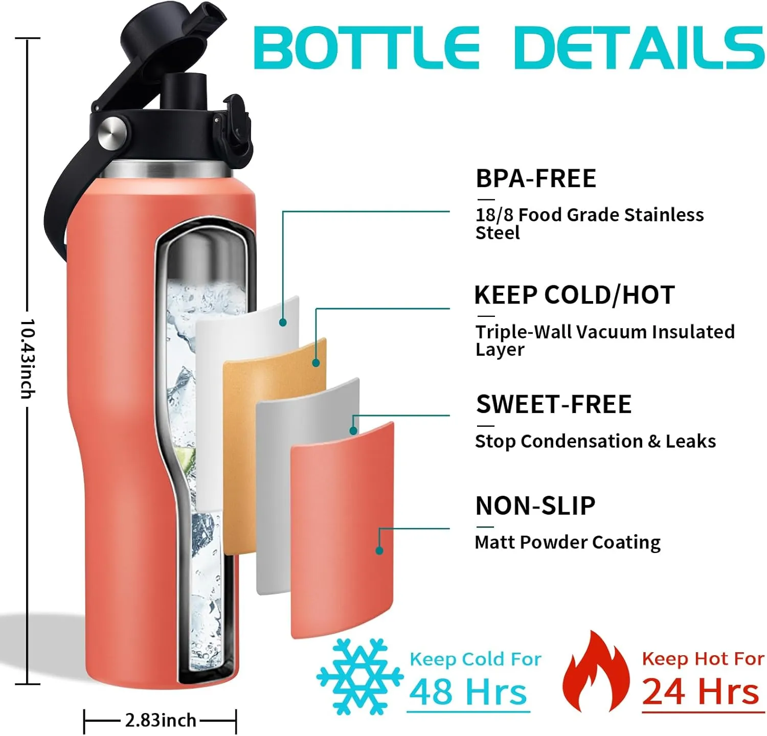 32 oz Insulated Water Bottle - Cold 48H & Hot 24H, Leak-Proof T-shpaed Metal Flask with Carry Strap, Protective Boot, BPA Free Vacuum Hydro 32 Ounce Thermal Cup for Adults Men Women