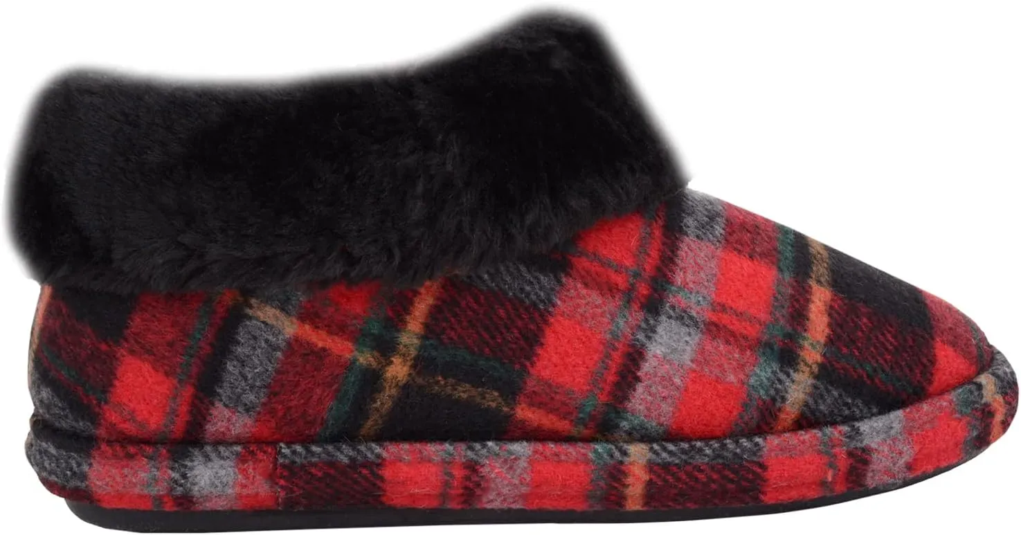 ABSOLUTE FOOTWEAR Womens Slip On Tartan Checked Thick Faux Fur Winter Slipper Booties Boots