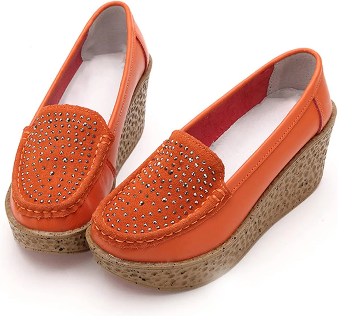 Aceptolcom Women Suede Rhinestones Wedge Loafers Casual Comfort Non Slip Good Arch Support Slip On Platform Loafers Moccasins Walking Shoes