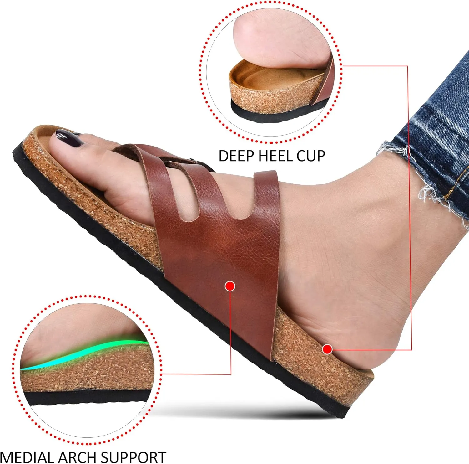AEROTHOTIC Womens Strappy Slip-On Modern Memory Foam Cushion Footbed Outdoor Adjustable Buckle Cork Footbed Slides for Sandals with Comfortable Arch Support