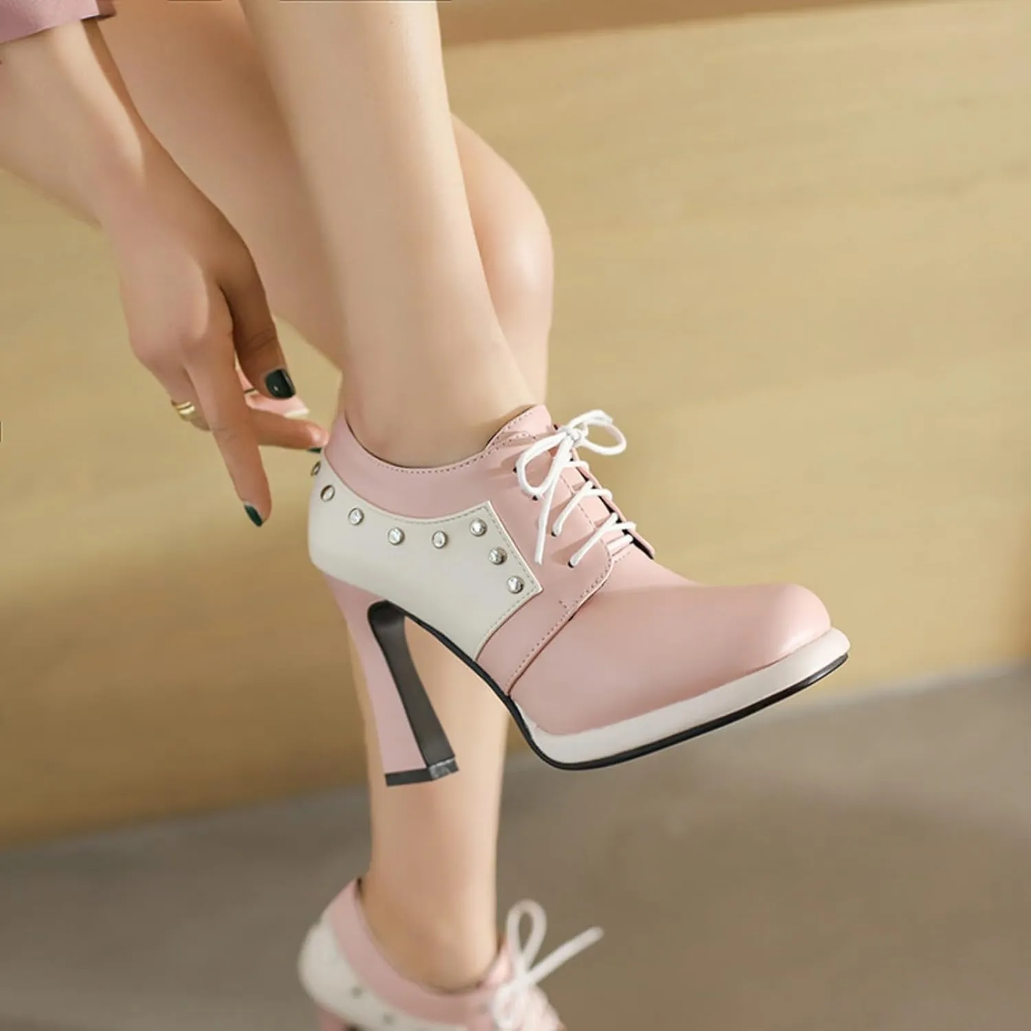 Aflngle Women's Lace-Up Chunky High Heel Mary Jane Shoes Round Closed Toe Low Platform Patchwork Wedding Party Prom Dress Pumps