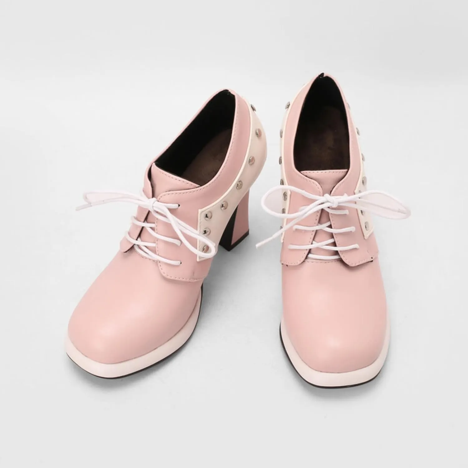 Aflngle Women's Lace-Up Chunky High Heel Mary Jane Shoes Round Closed Toe Low Platform Patchwork Wedding Party Prom Dress Pumps