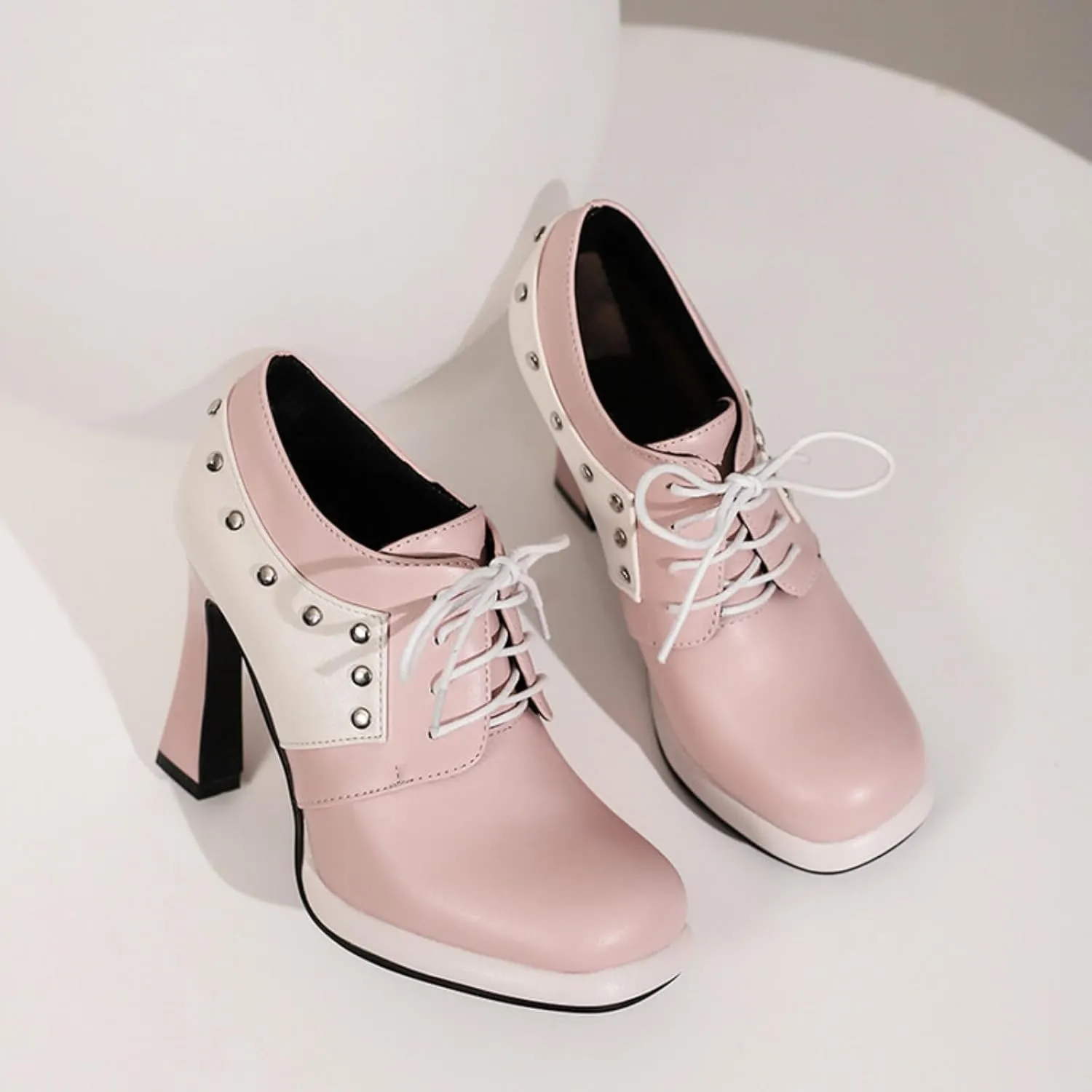Aflngle Women's Lace-Up Chunky High Heel Mary Jane Shoes Round Closed Toe Low Platform Patchwork Wedding Party Prom Dress Pumps