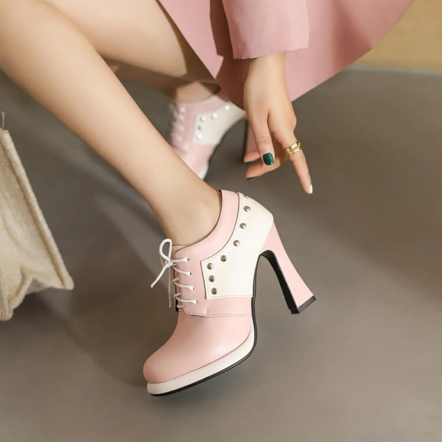 Aflngle Women's Lace-Up Chunky High Heel Mary Jane Shoes Round Closed Toe Low Platform Patchwork Wedding Party Prom Dress Pumps