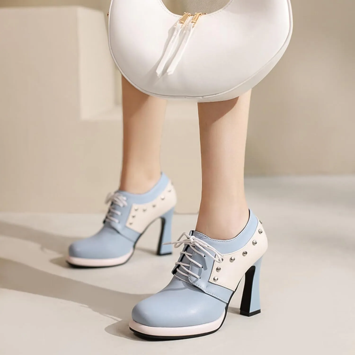 Aflngle Women's Lace-Up Chunky High Heel Mary Jane Shoes Round Closed Toe Low Platform Patchwork Wedding Party Prom Dress Pumps