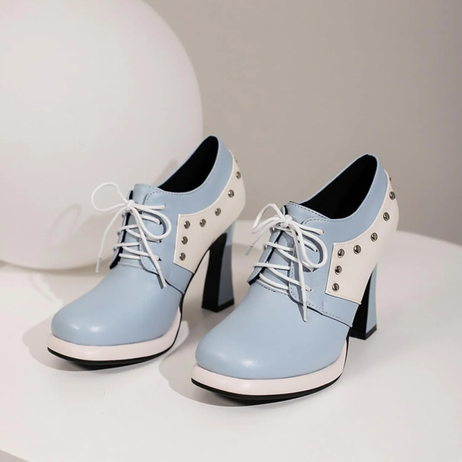 Aflngle Women's Lace-Up Chunky High Heel Mary Jane Shoes Round Closed Toe Low Platform Patchwork Wedding Party Prom Dress Pumps