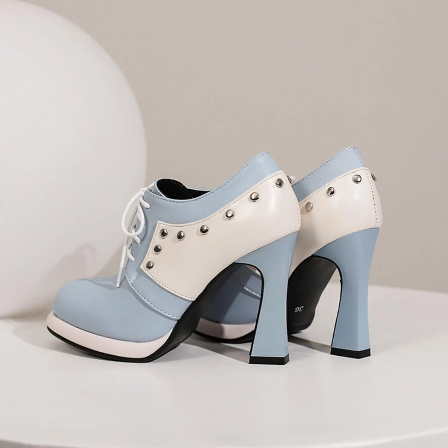 Aflngle Women's Lace-Up Chunky High Heel Mary Jane Shoes Round Closed Toe Low Platform Patchwork Wedding Party Prom Dress Pumps