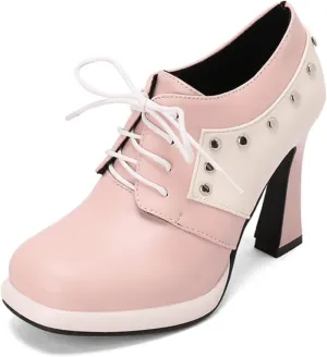 Aflngle Women's Lace-Up Chunky High Heel Mary Jane Shoes Round Closed Toe Low Platform Patchwork Wedding Party Prom Dress Pumps