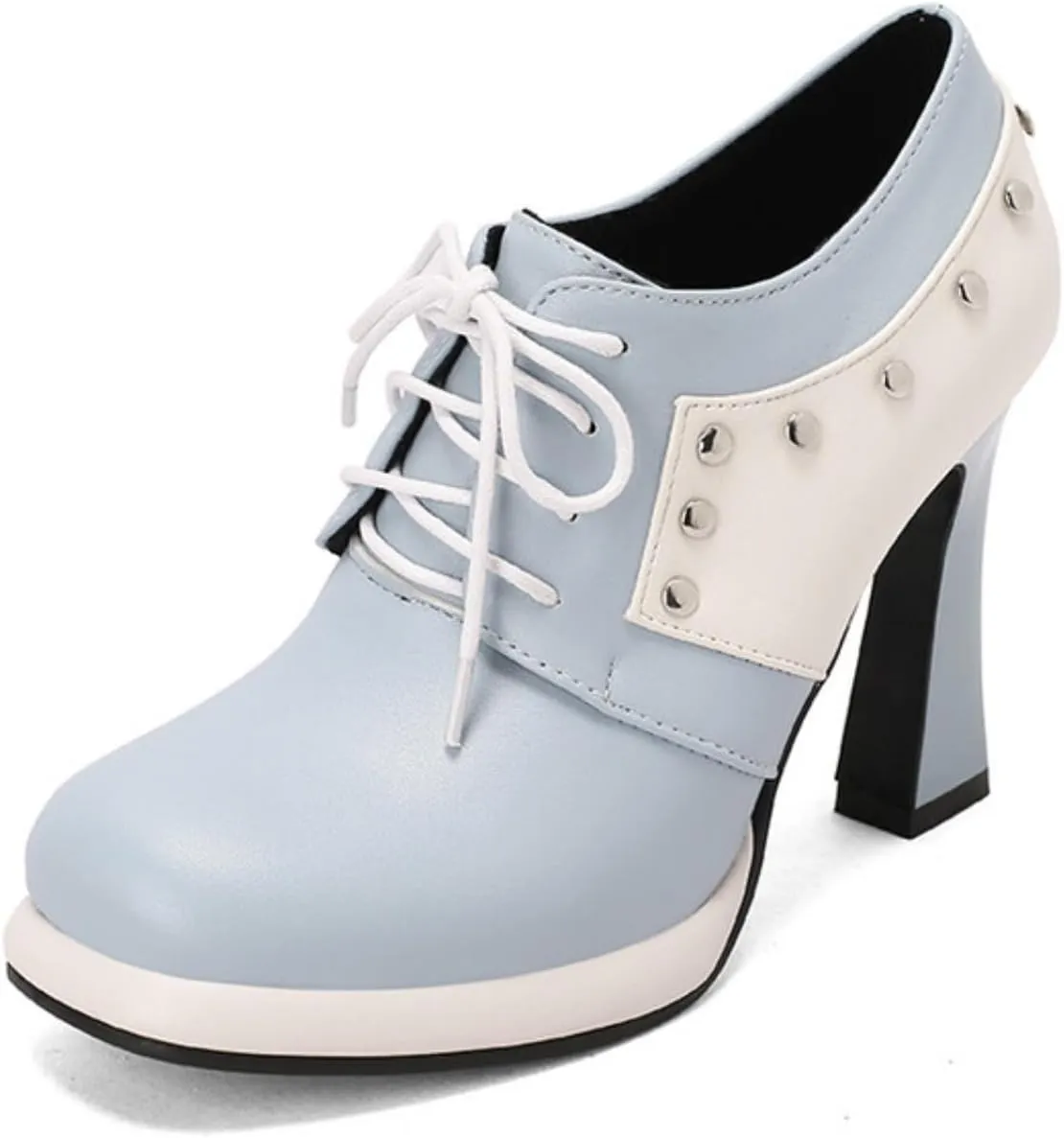 Aflngle Women's Lace-Up Chunky High Heel Mary Jane Shoes Round Closed Toe Low Platform Patchwork Wedding Party Prom Dress Pumps