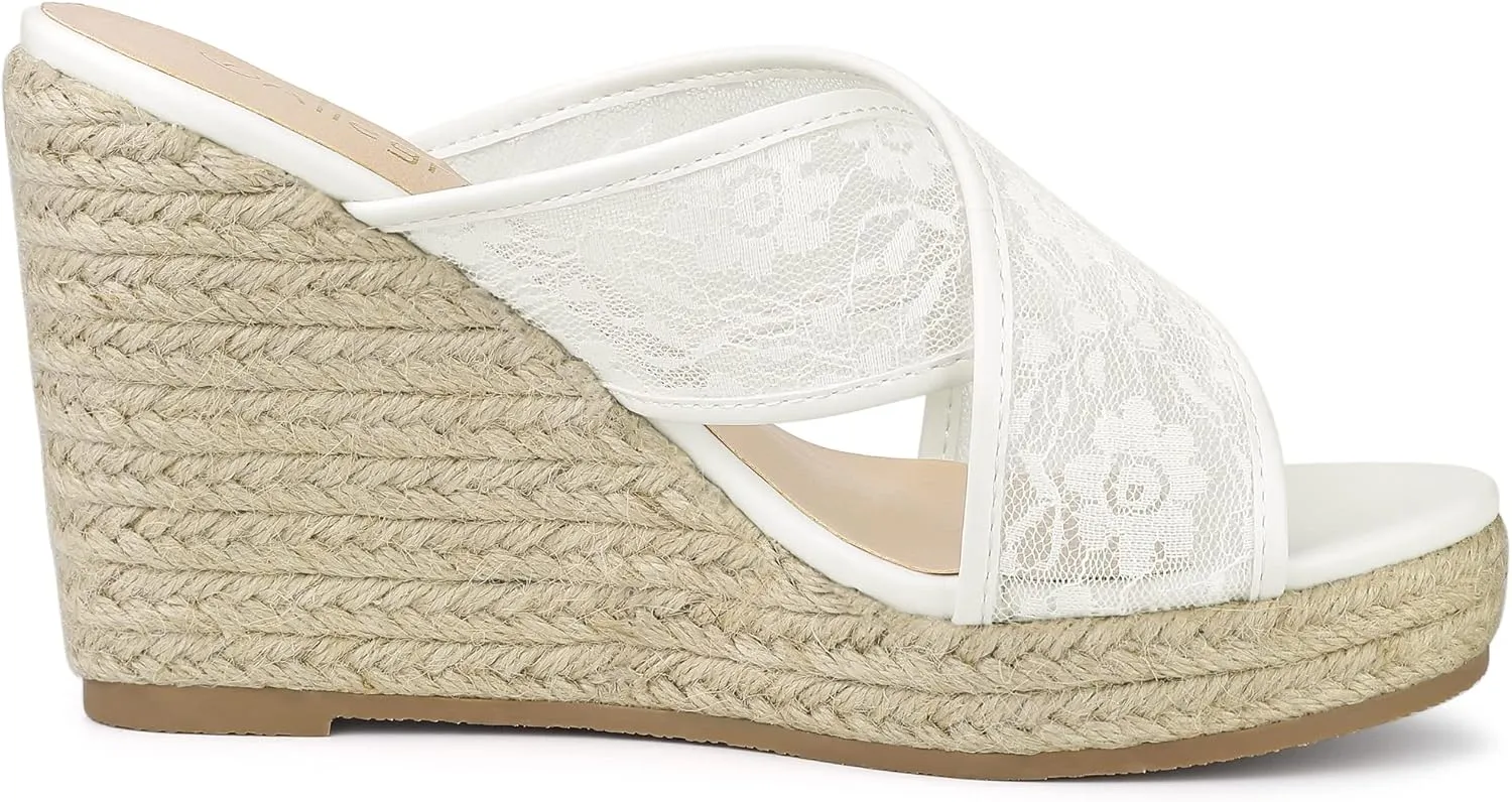 Allegra K Women's Lace Crisscross Strap Slide Wedges Wedge Espadrilles Sandals