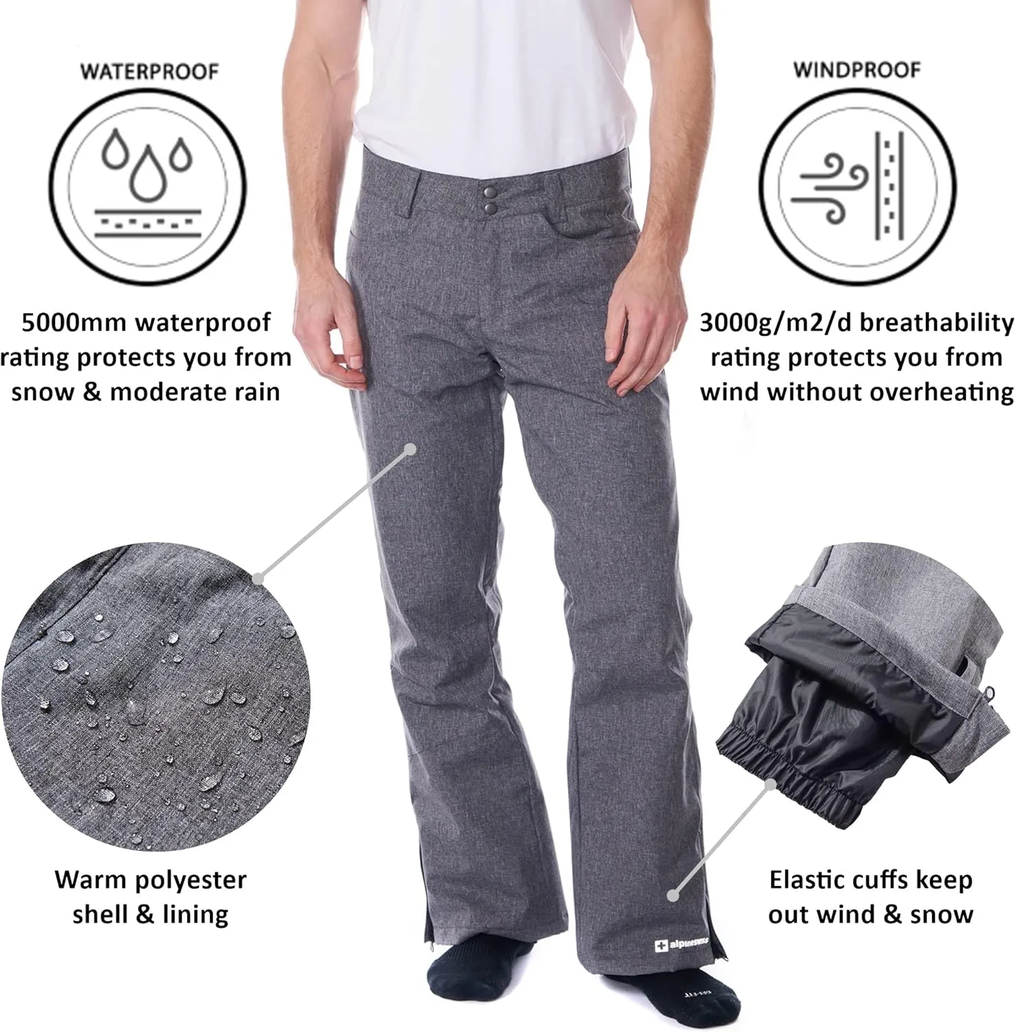 Alpine Swiss Mens Waterproof Ski Snowboarding Pants Insulated Winter Snow Pants