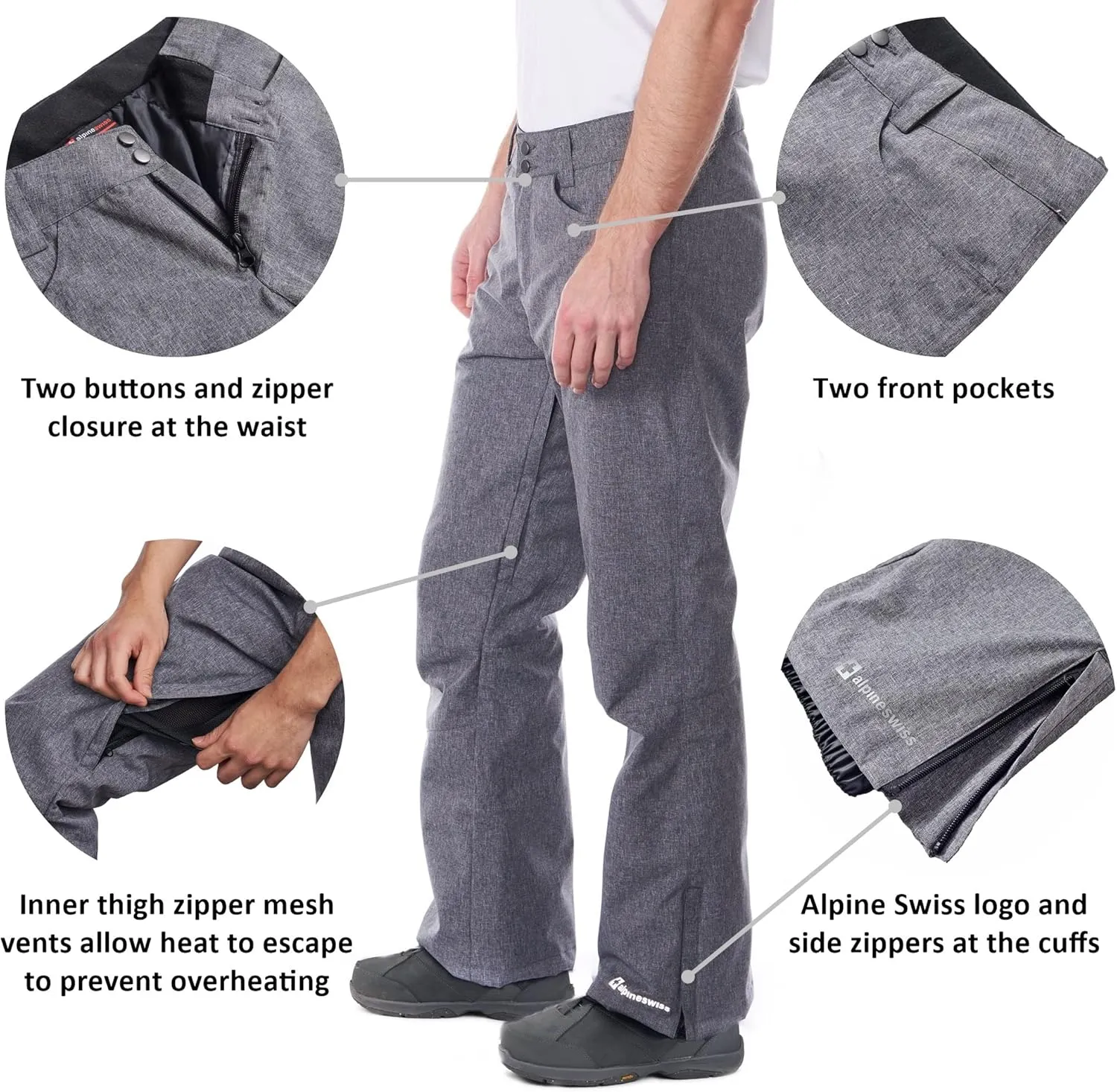 Alpine Swiss Mens Waterproof Ski Snowboarding Pants Insulated Winter Snow Pants