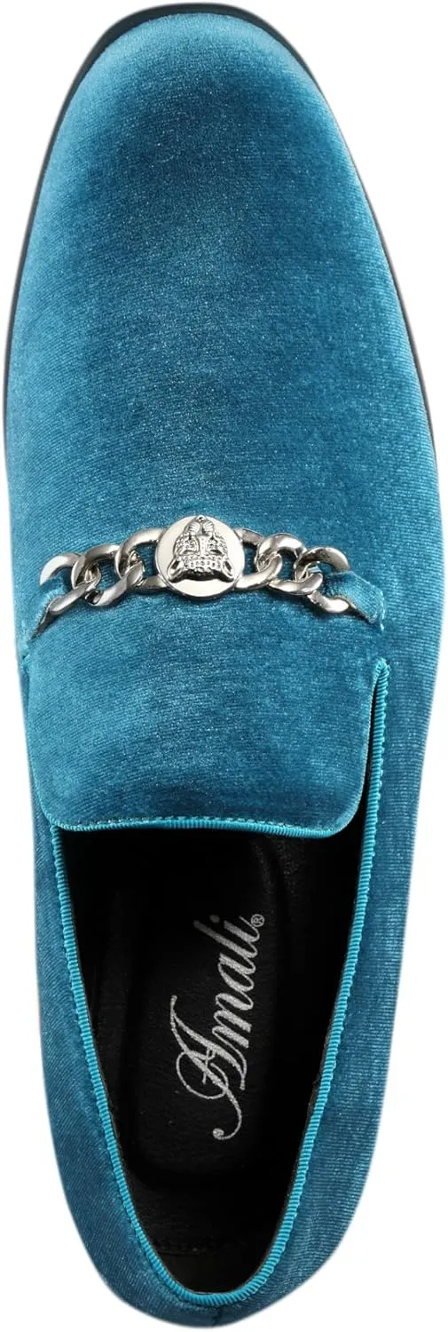 Amali Velvet Slip-On Dress Loafers for Men with Lion Head Piece, Men's Formal Smoking Tuxedo Slippers, Loafer Shoes with Metal Chain Detail