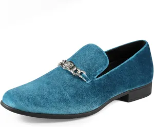 Amali Velvet Slip-On Dress Loafers for Men with Lion Head Piece, Men's Formal Smoking Tuxedo Slippers, Loafer Shoes with Metal Chain Detail