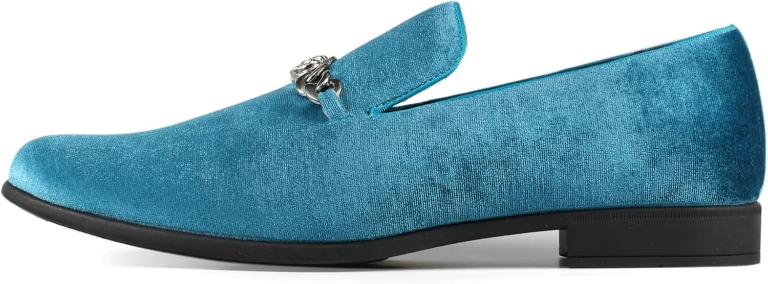 Amali Velvet Slip-On Dress Loafers for Men with Lion Head Piece, Men's Formal Smoking Tuxedo Slippers, Loafer Shoes with Metal Chain Detail