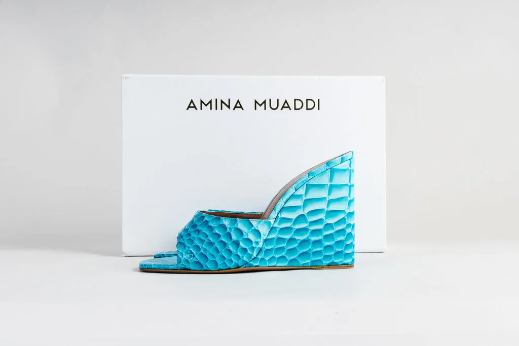 Amina Muaddi Blue Print Croc Lupita Wedge Mules Size 39