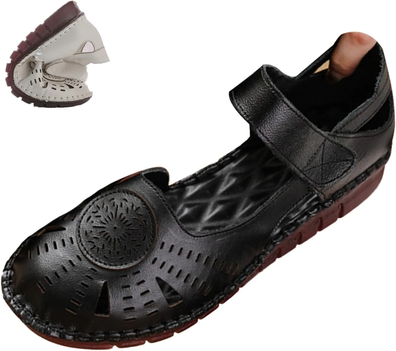 AngryMonkey Women's Closed Toe Leather Sandals,Comfort Cutout Flower Non-slip Ox Softsole Adjustable Dress Casual Mary Jane Shoes