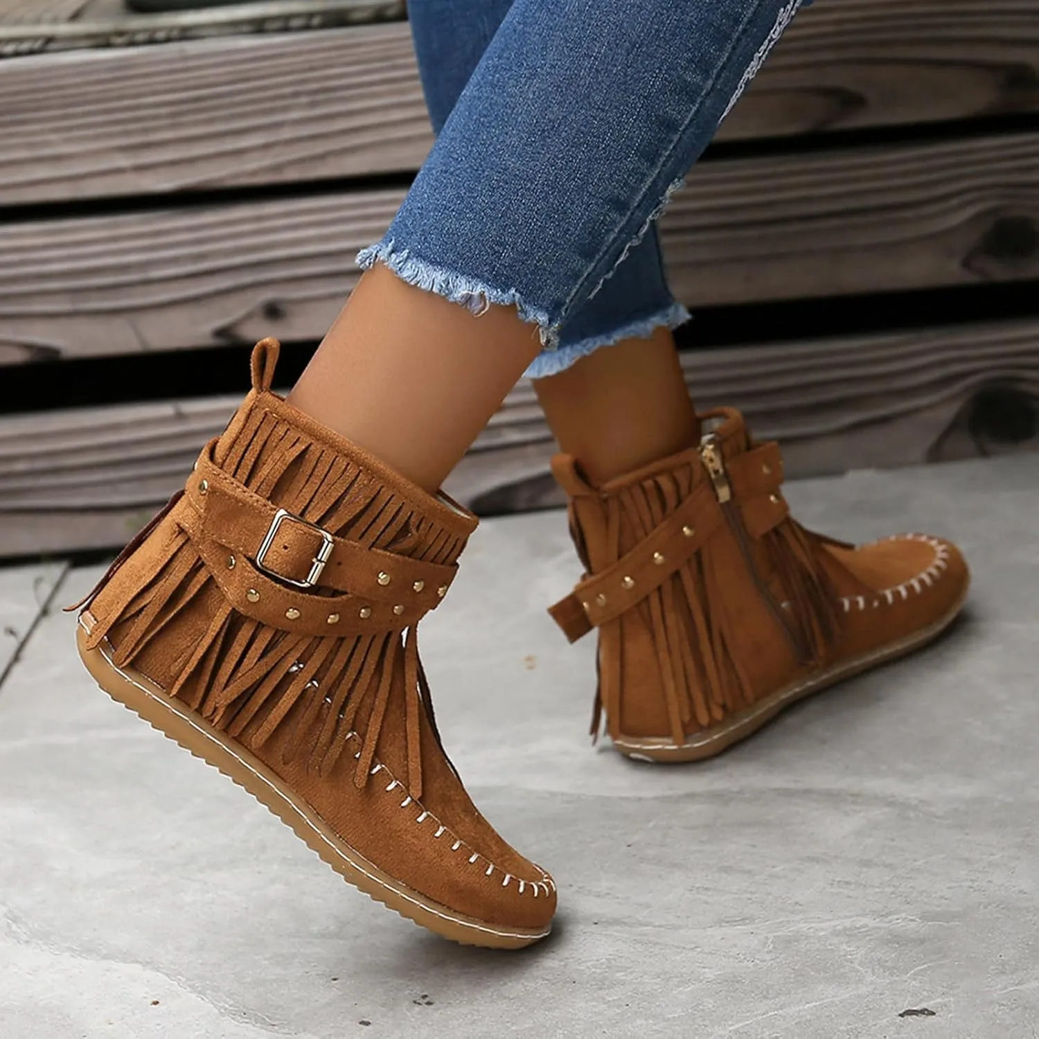 Ankle Boots for Women Flat Side Zip Vintage Womens Cowboy Boots Round Toe Fringe Buckle Straps Studded Western Cowboy Shoes