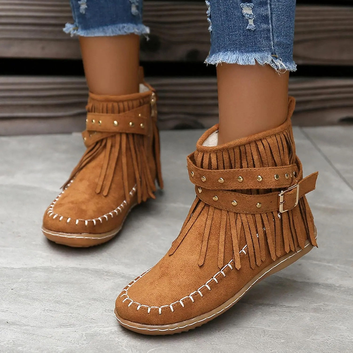 Ankle Boots for Women Flat Side Zip Vintage Womens Cowboy Boots Round Toe Fringe Buckle Straps Studded Western Cowboy Shoes