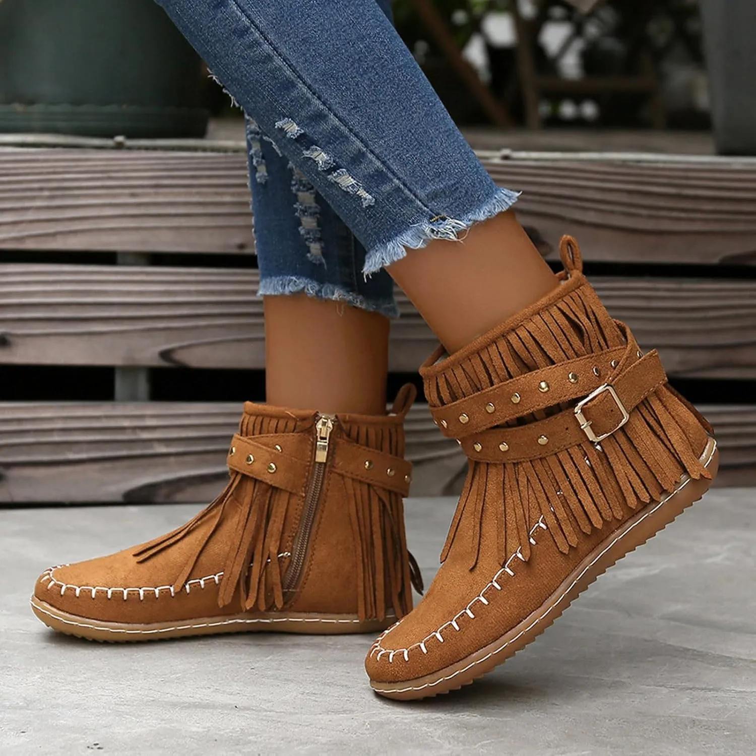 Ankle Boots for Women Flat Side Zip Vintage Womens Cowboy Boots Round Toe Fringe Buckle Straps Studded Western Cowboy Shoes