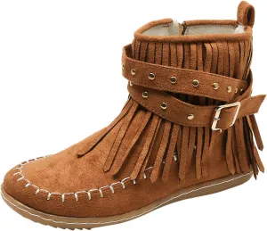 Ankle Boots for Women Flat Side Zip Vintage Womens Cowboy Boots Round Toe Fringe Buckle Straps Studded Western Cowboy Shoes