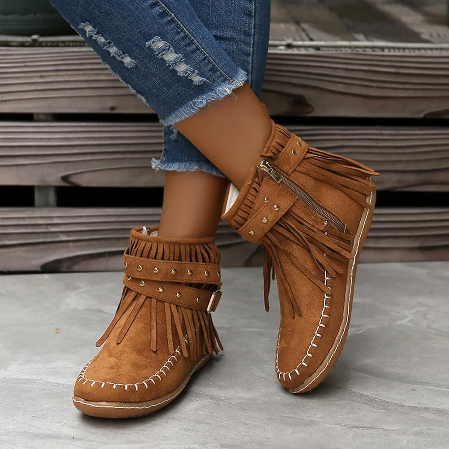 Ankle Boots for Women Flat Side Zip Vintage Womens Cowboy Boots Round Toe Fringe Buckle Straps Studded Western Cowboy Shoes