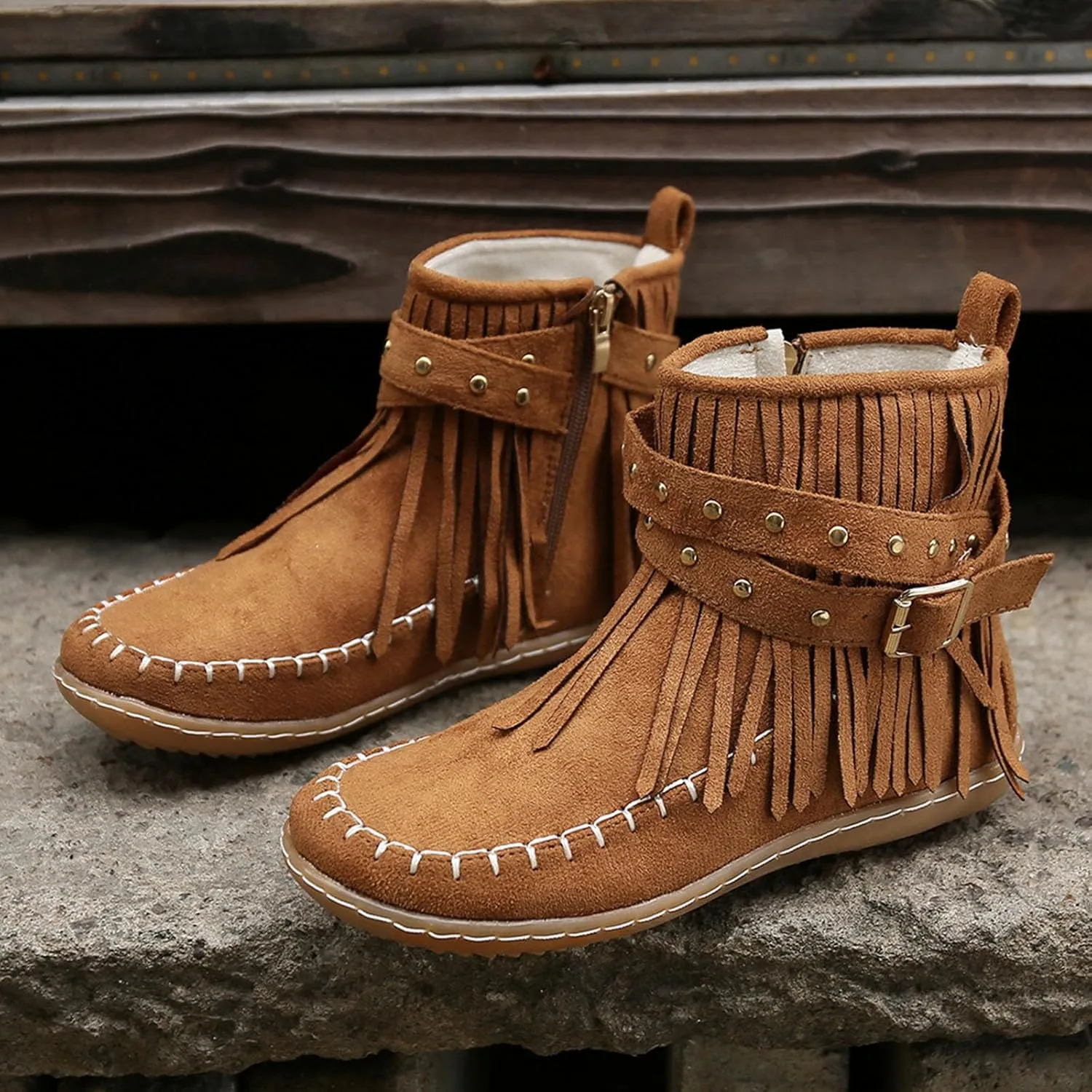 Ankle Boots for Women Flat Side Zip Vintage Womens Cowboy Boots Round Toe Fringe Buckle Straps Studded Western Cowboy Shoes