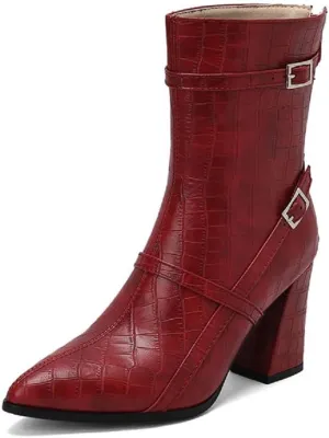 Ankle Boots for Women's Sexy Pointed Toe Chunky Heel Booties High Heel Crocodile Boots Buckle Leather Rear Zipper Dress Block Heeled Boot