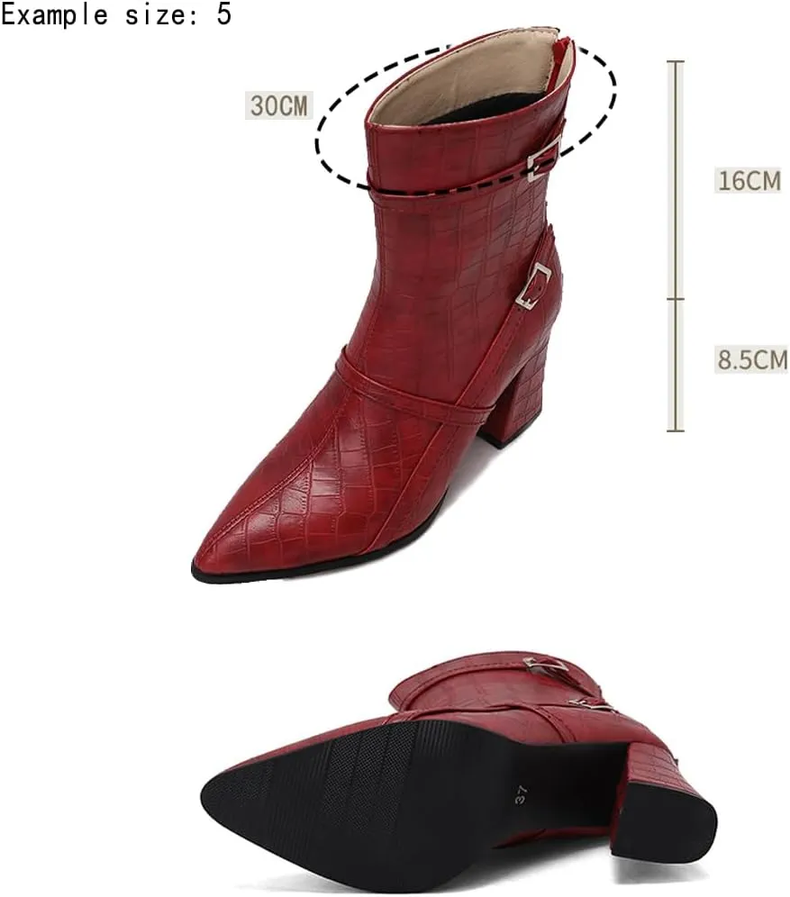 Ankle Boots for Women's Sexy Pointed Toe Chunky Heel Booties High Heel Crocodile Boots Buckle Leather Rear Zipper Dress Block Heeled Boot