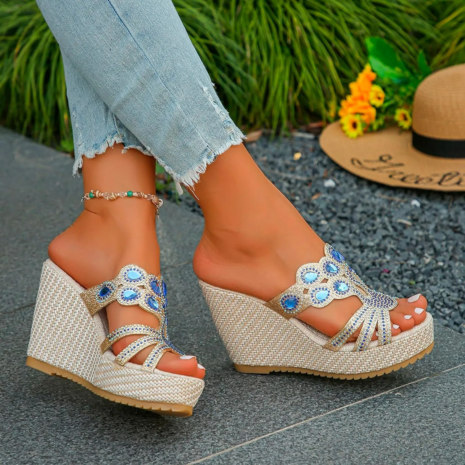 Arch Support Slide Sandals for Women,Wide Width Rhinestone Sparkly Orthopedic Peep Toe Espadrilles Sandal Summer Low Wedge Heel Slides Ladies Comfy Shoes for Daily Wear Outdoor Indoor