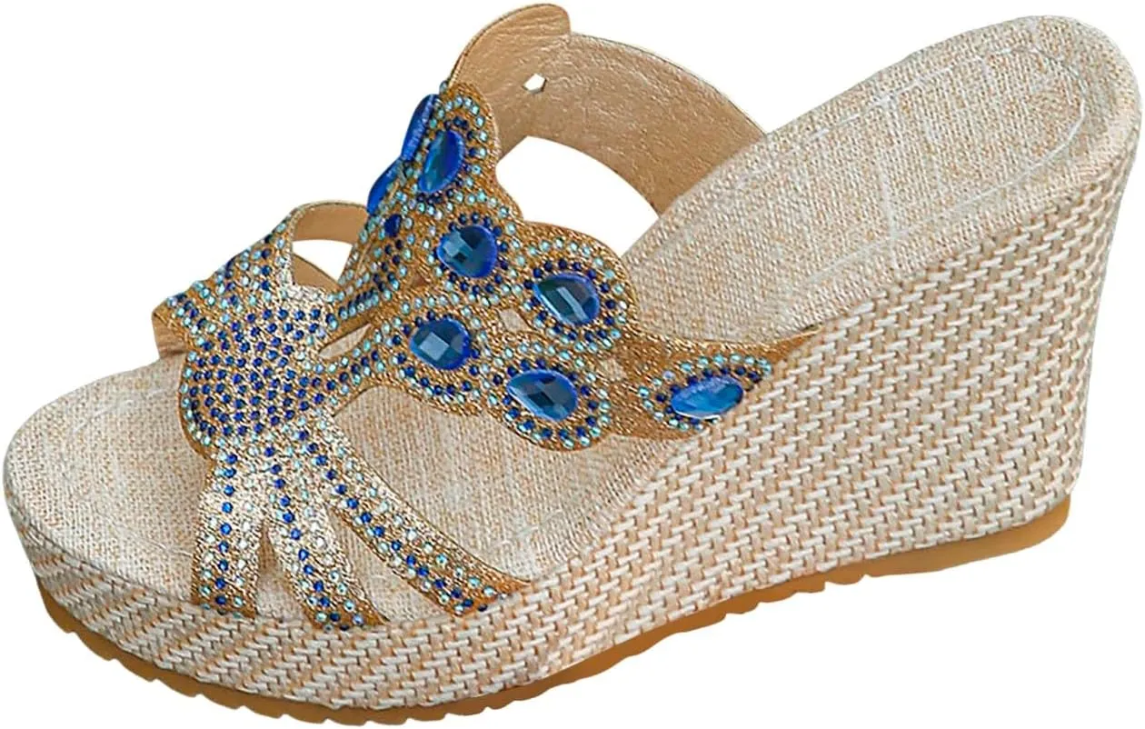 Arch Support Slide Sandals for Women,Wide Width Rhinestone Sparkly Orthopedic Peep Toe Espadrilles Sandal Summer Low Wedge Heel Slides Ladies Comfy Shoes for Daily Wear Outdoor Indoor