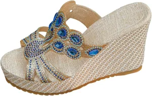 Arch Support Slide Sandals for Women,Wide Width Rhinestone Sparkly Orthopedic Peep Toe Espadrilles Sandal Summer Low Wedge Heel Slides Ladies Comfy Shoes for Daily Wear Outdoor Indoor