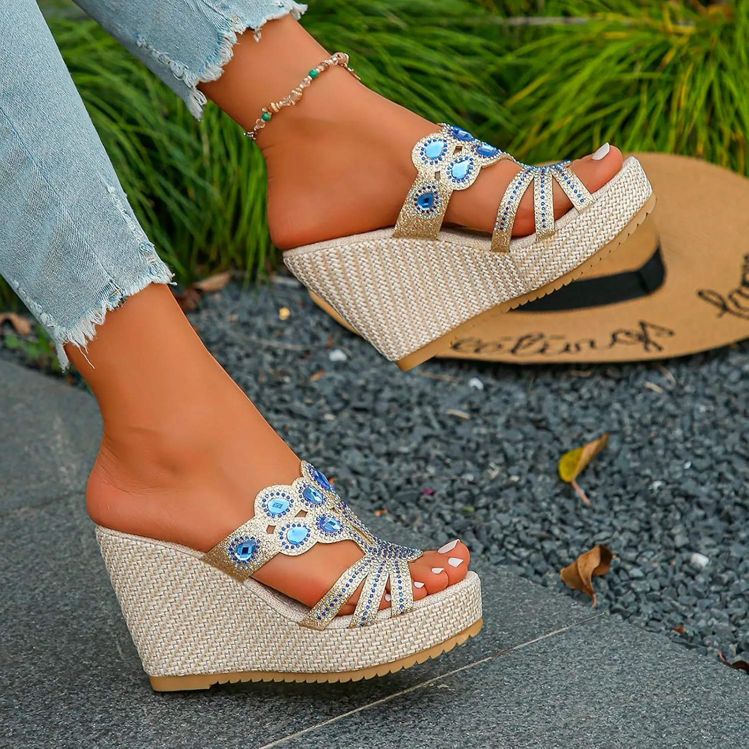Arch Support Slide Sandals for Women,Wide Width Rhinestone Sparkly Orthopedic Peep Toe Espadrilles Sandal Summer Low Wedge Heel Slides Ladies Comfy Shoes for Daily Wear Outdoor Indoor