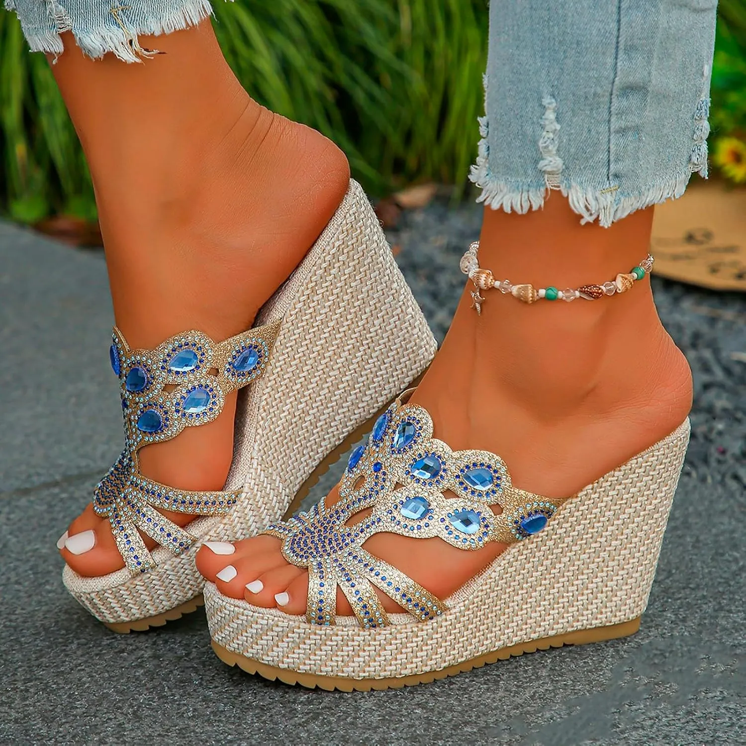 Arch Support Slide Sandals for Women,Wide Width Rhinestone Sparkly Orthopedic Peep Toe Espadrilles Sandal Summer Low Wedge Heel Slides Ladies Comfy Shoes for Daily Wear Outdoor Indoor