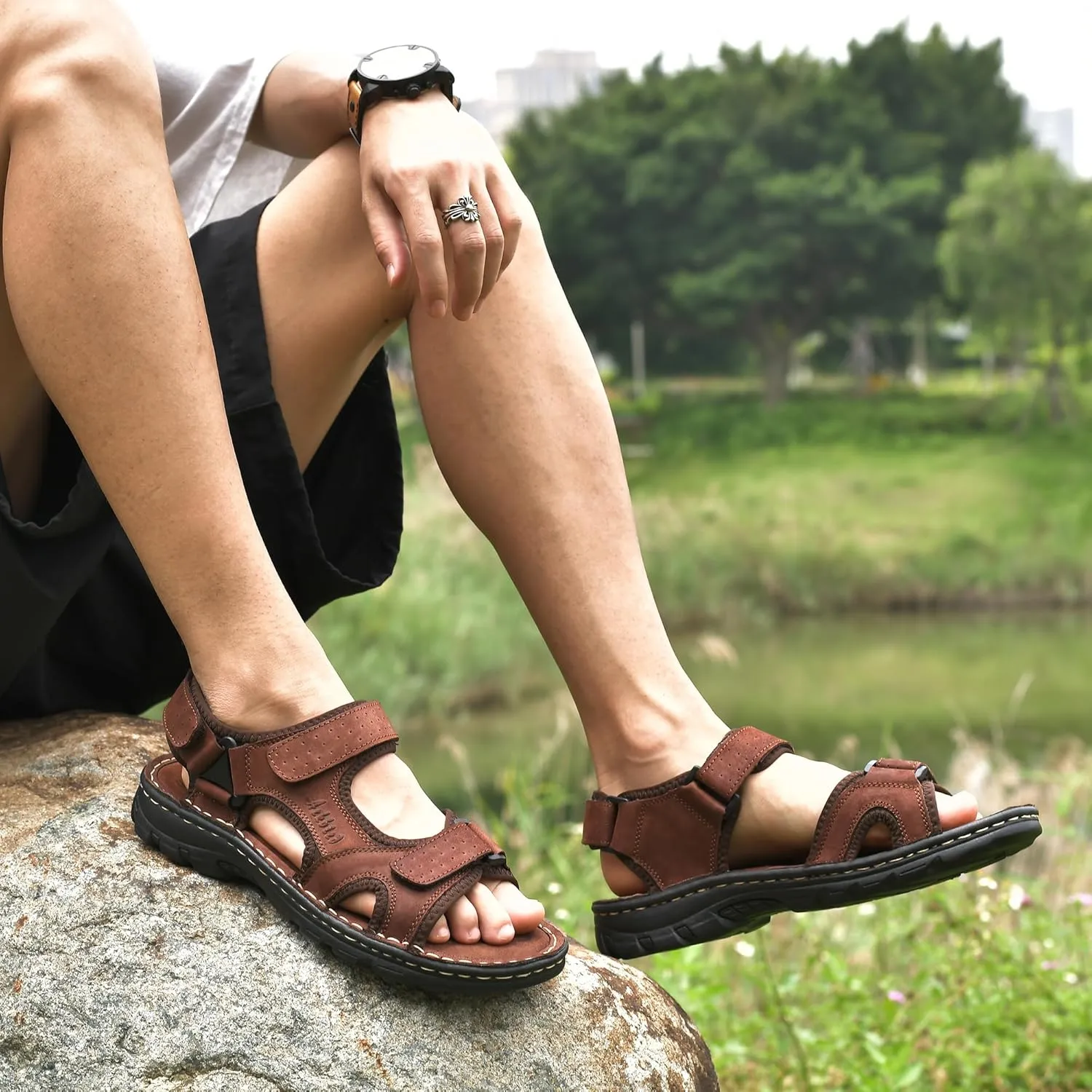 Arkbird Men's Leather Sandals Open Toe Athletic Fisherman Sandal Summer Beach Sport Hiking Shoes for Men