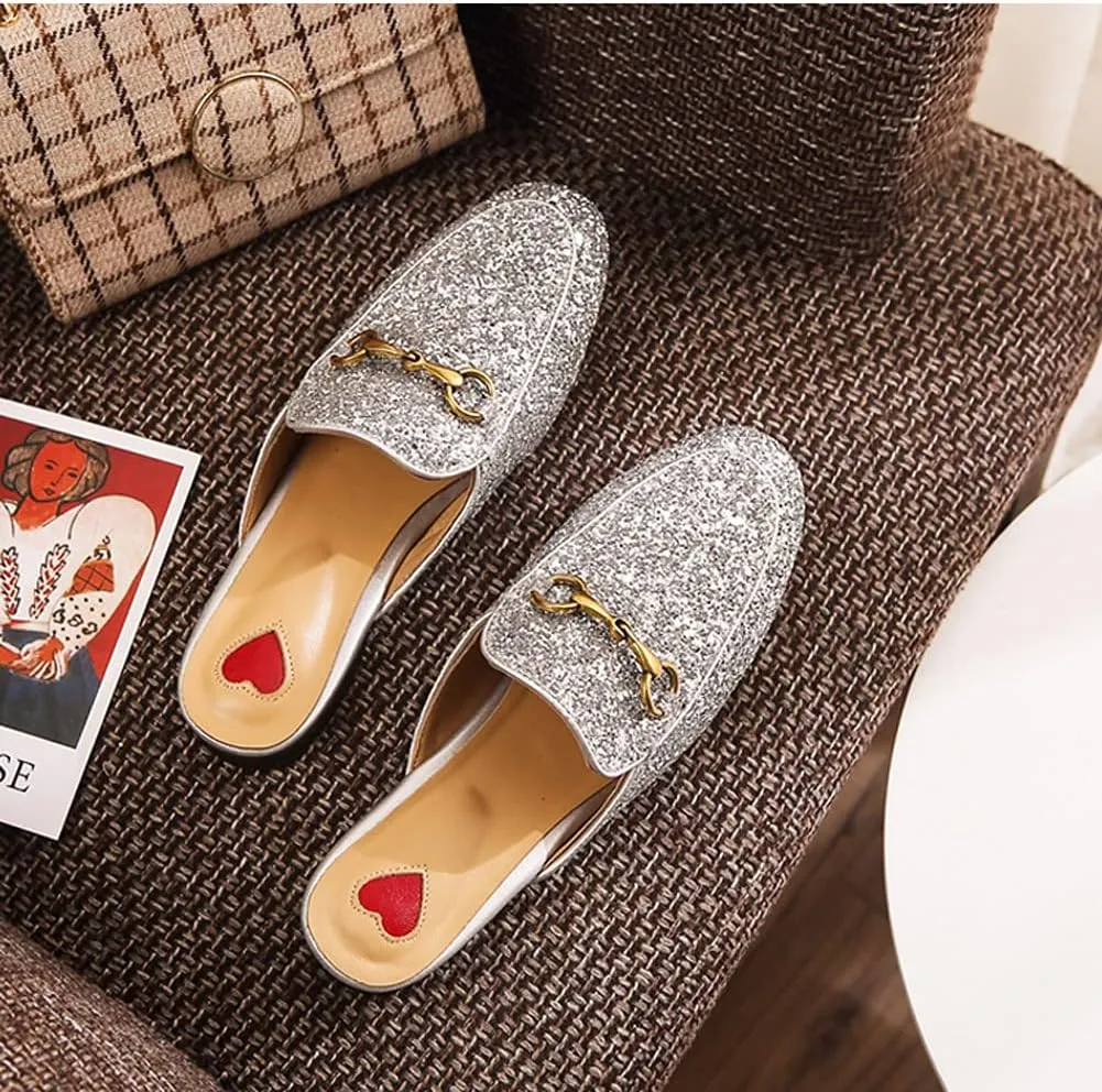 Arqa Mules for Women Almond Toe Leather Flats Slip-on Comfort Backless Loafers Buckle Mule Shoes
