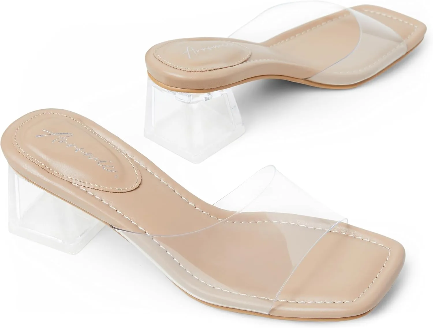 Arromic Women's Block Mule Heeled Sandals Clear Black Nude White Chunky Heels 2 Inches Square Open Toe Slip on Backless Mules Heeled Slippers Dressy Party Prom Wedding Shoes